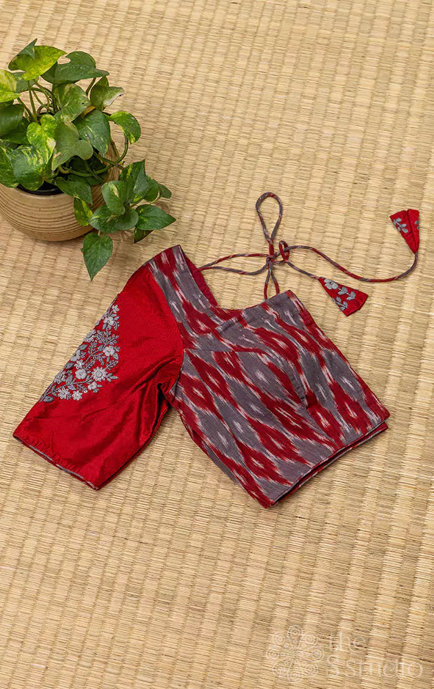 Maroon cotton ready made blouse with ikkat design