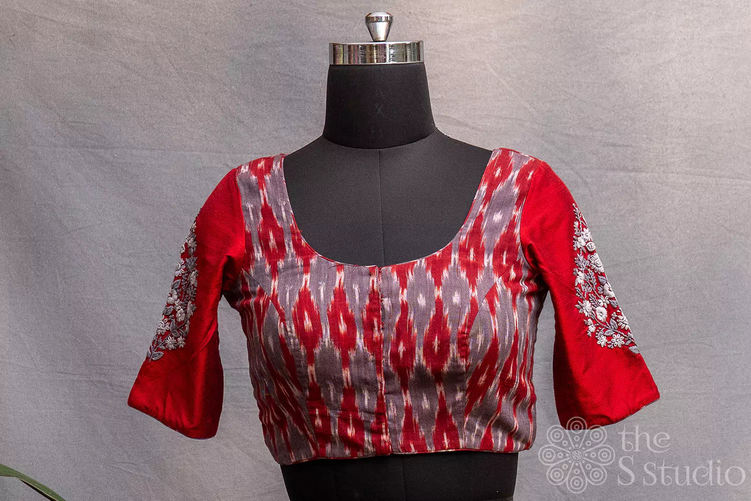 Maroon cotton ready made blouse with ikkat design