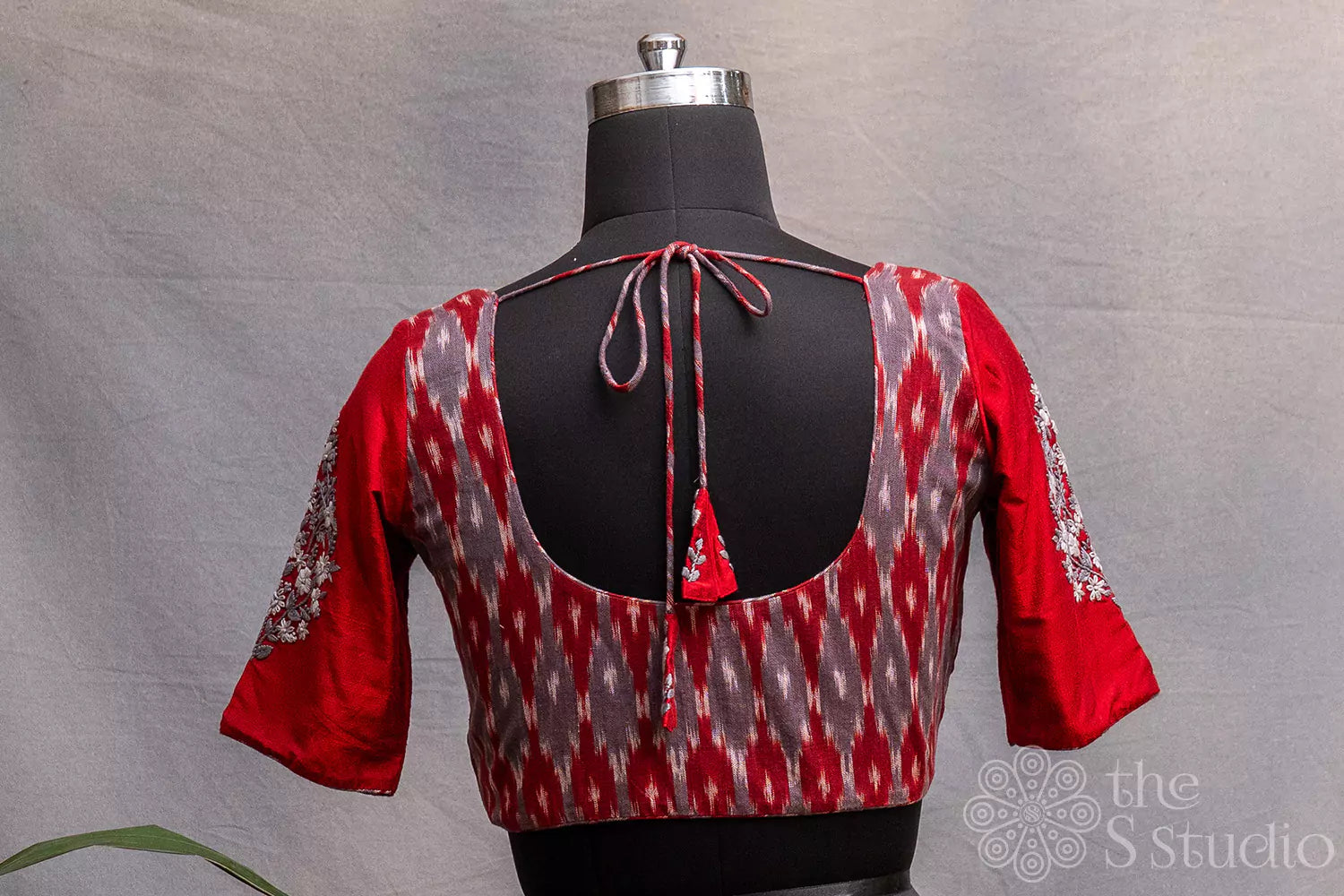 Maroon cotton ready made blouse with ikkat design