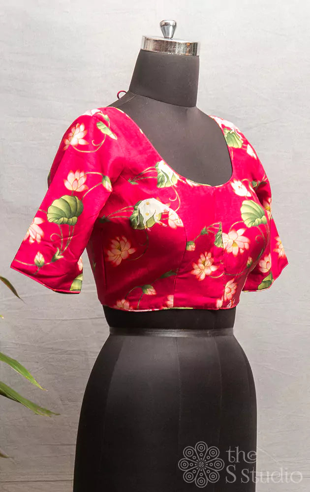 Rani pink semi-tussar readymade blouse with Pichwai prints