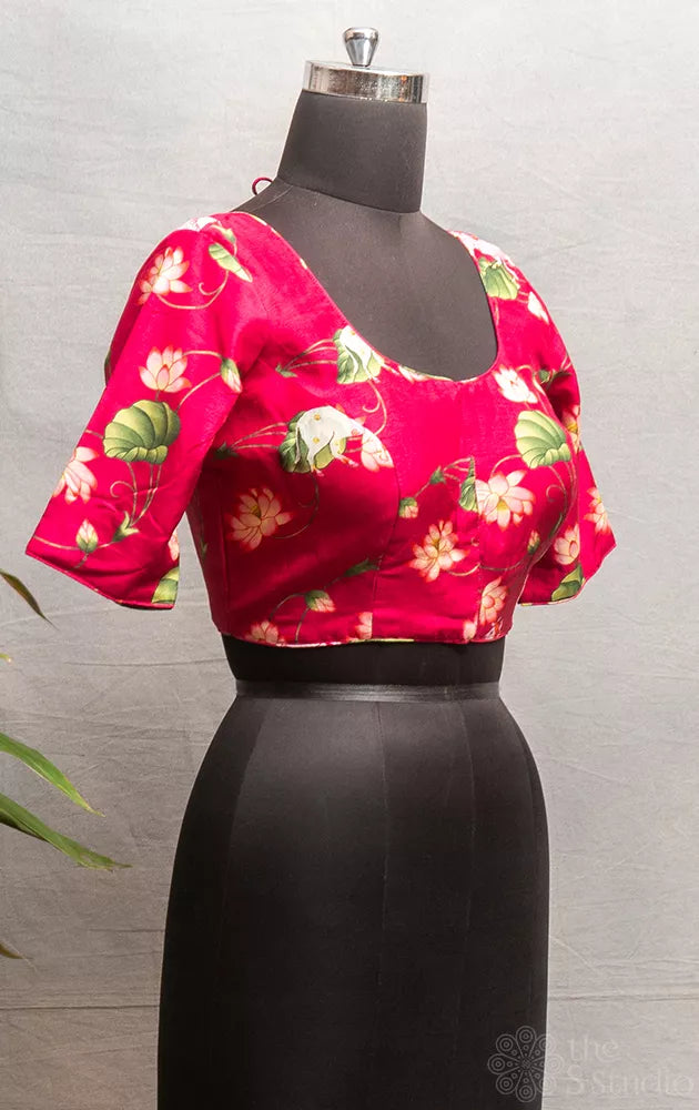 Rani pink semi-tussar readymade blouse with Pichwai prints