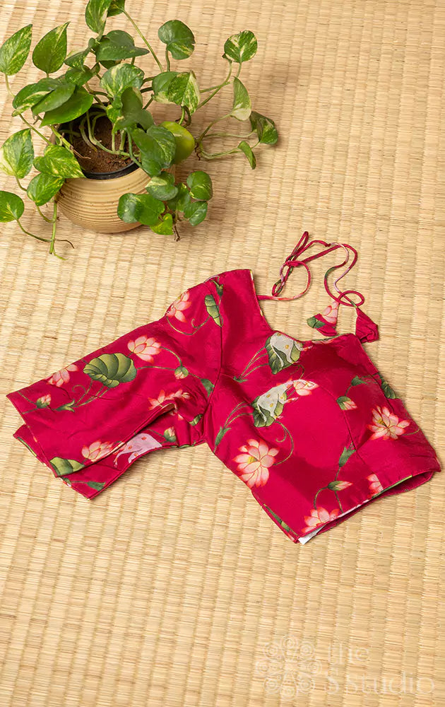 Rani pink semi-tussar readymade blouse with Pichwai prints