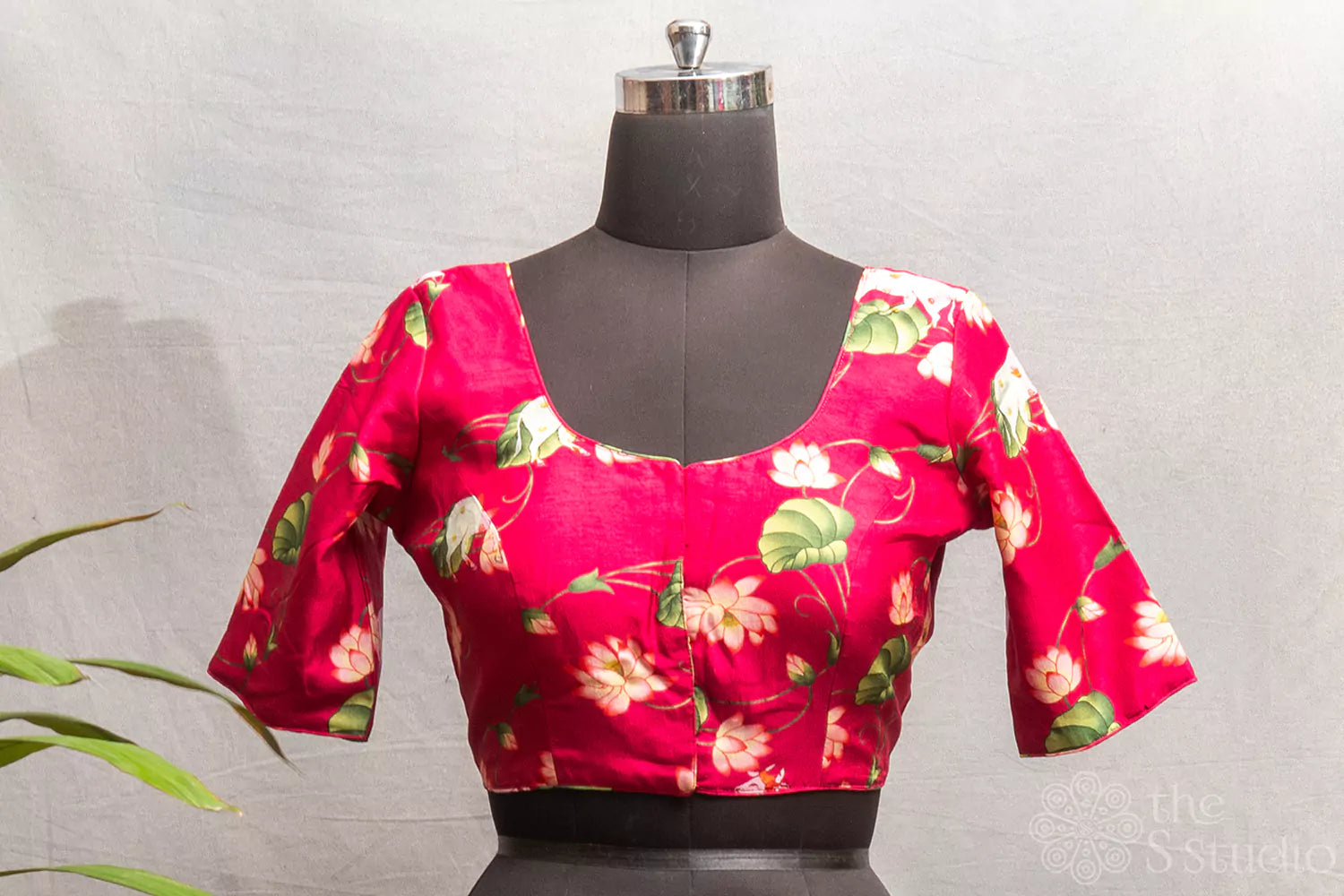 Rani pink semi-tussar readymade blouse with Pichwai prints