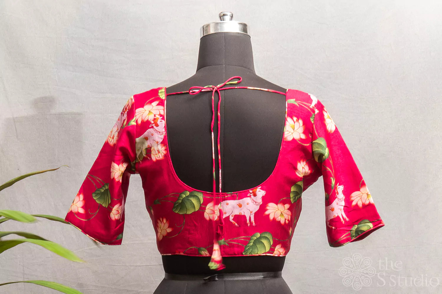 Rani pink semi-tussar readymade blouse with Pichwai prints