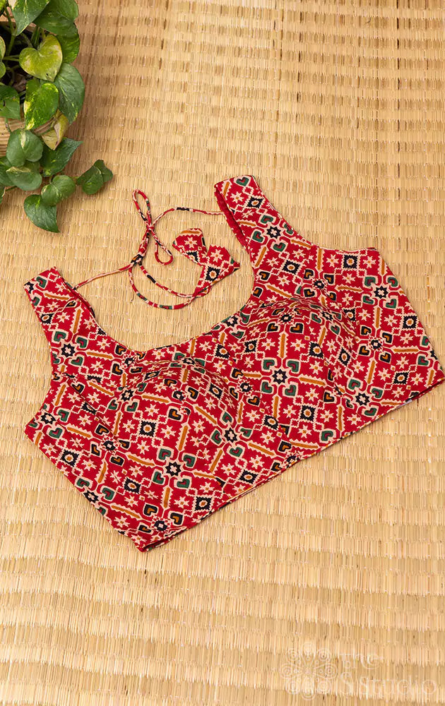 Red cotton patola print sleeveless readymade blouse