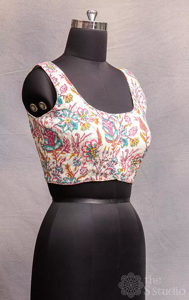 Off white cotton floral printed sleeveless readymade blouse