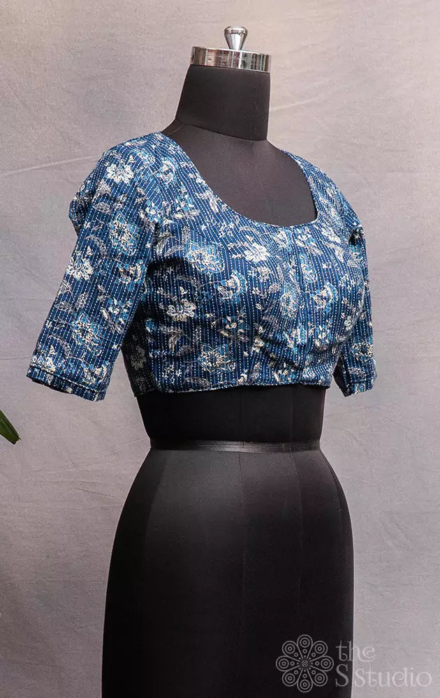 Blue cotton floral printed readymade blouse with kantha embroidery