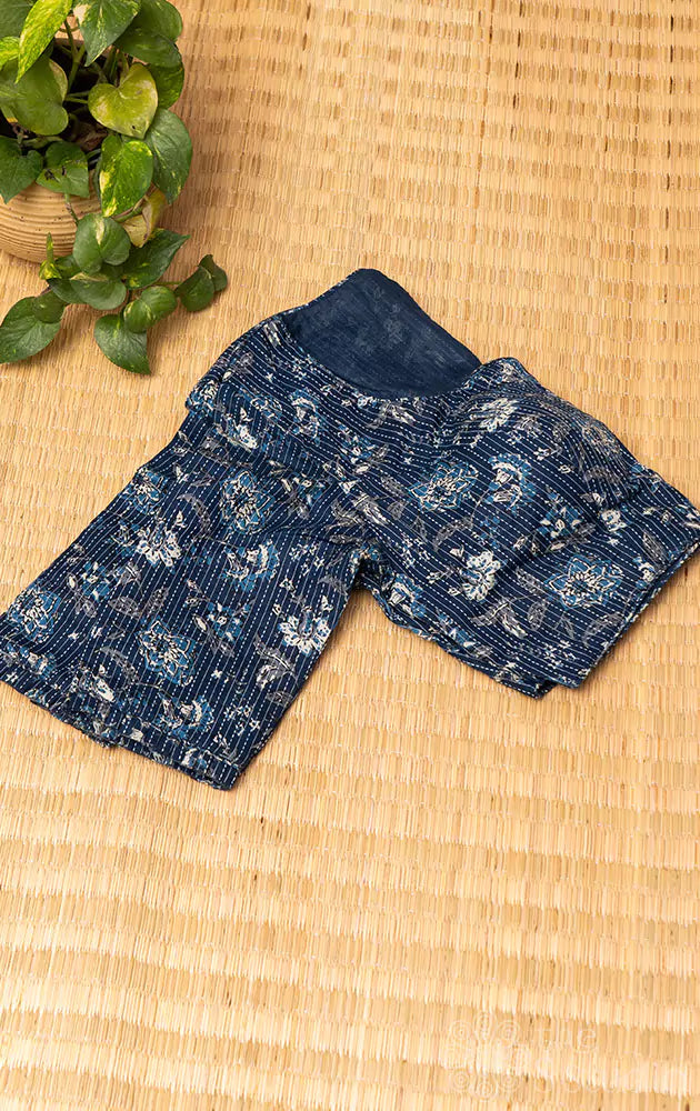 Blue cotton floral printed readymade blouse with kantha embroidery