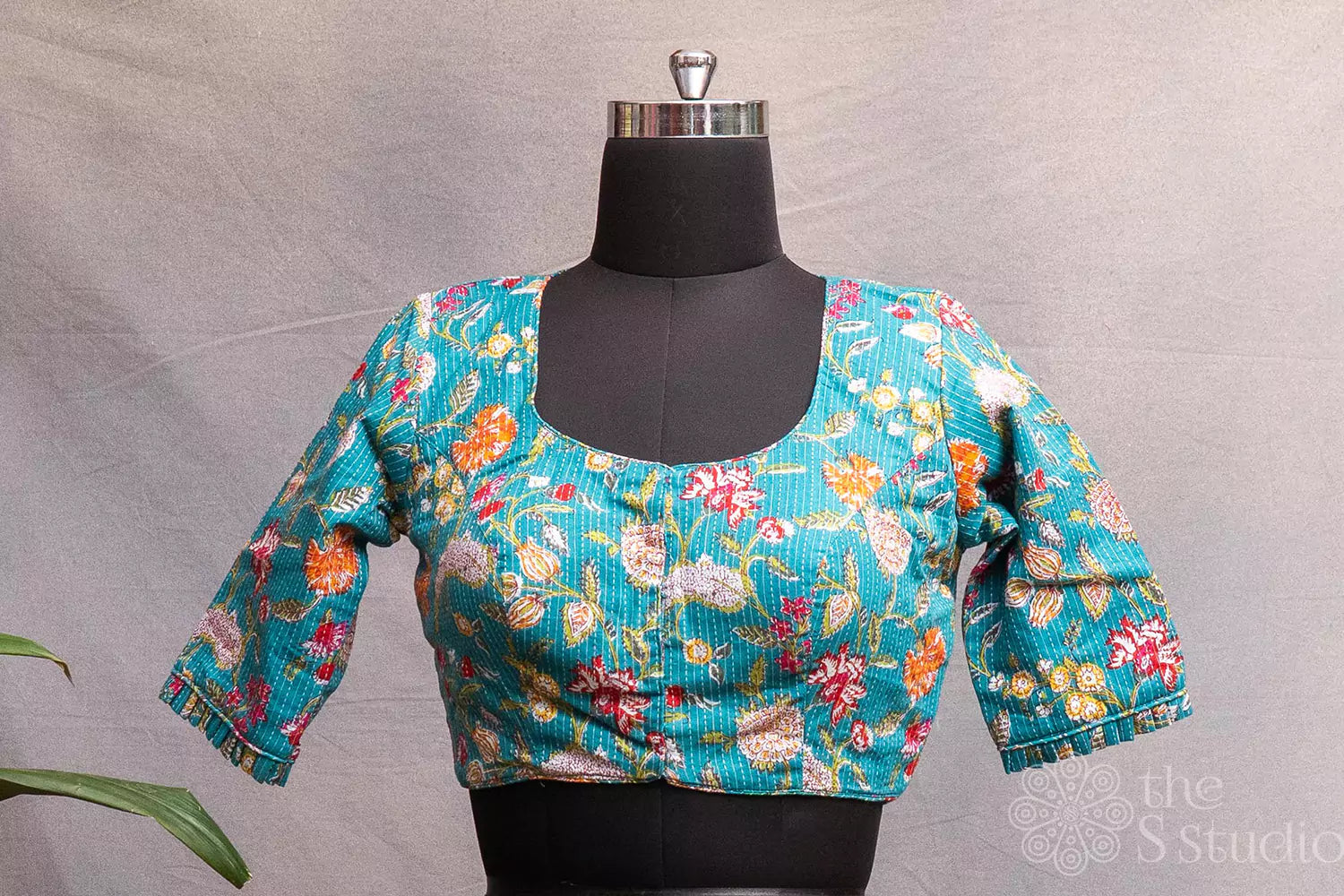 Aqua blue cotton floral printed readymade blouse with embroidery