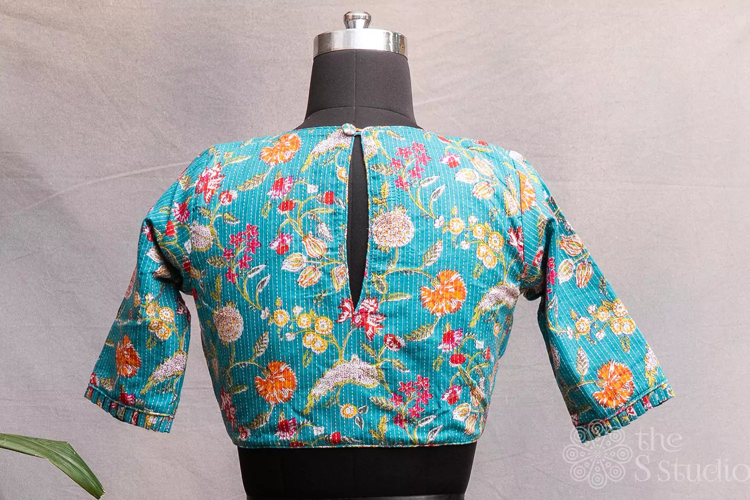 Aqua blue cotton floral printed readymade blouse with embroidery