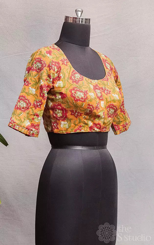 Mustard cotton floral printed readymade blouse with kantha embroidery