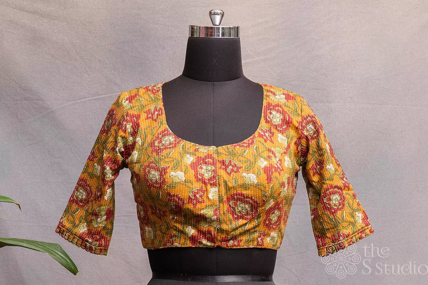 Mustard cotton floral printed readymade blouse with kantha embroidery