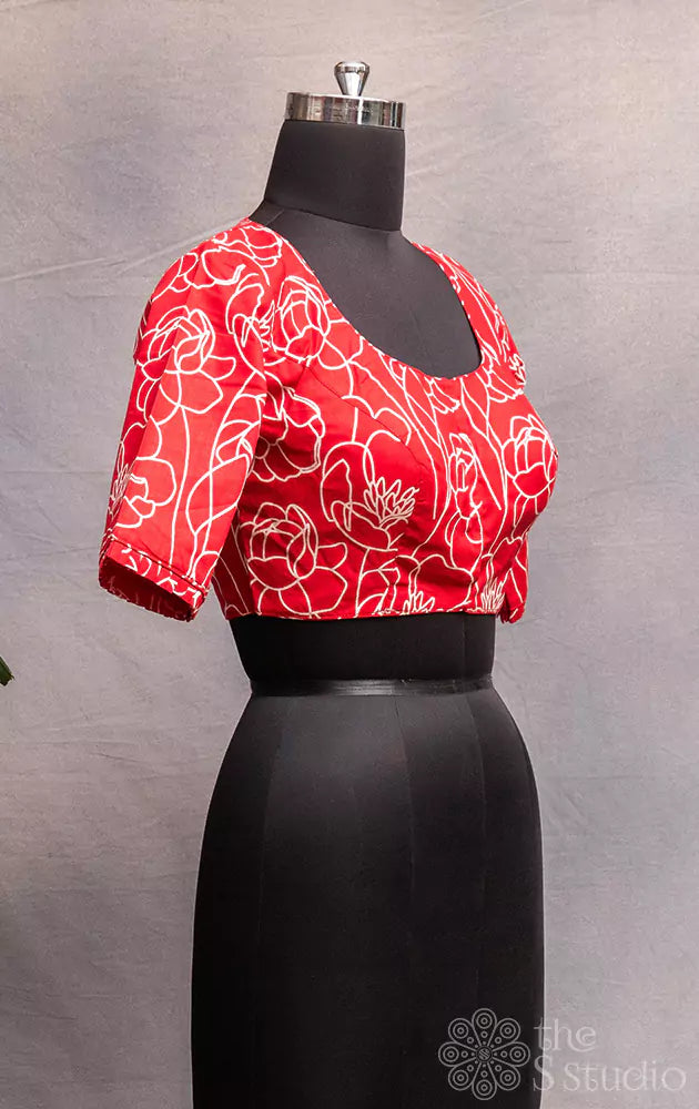 Red cotton floral design printed readymade blouse
