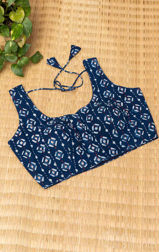 Blue cotton printed sleeveless readymade blouse with kantha embroidery