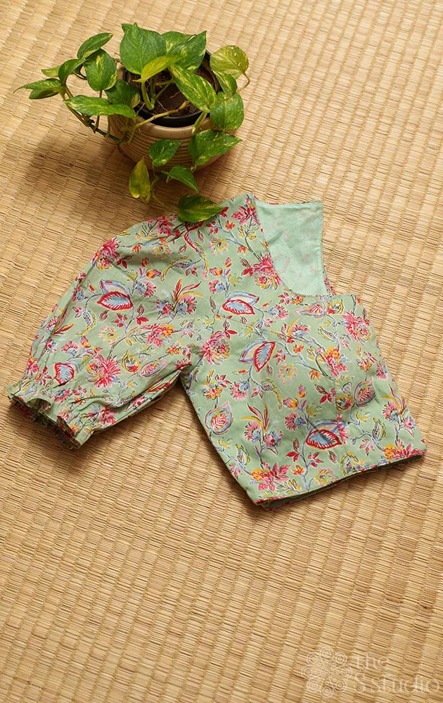 Elachi green floral printed cotton readymade blouse
