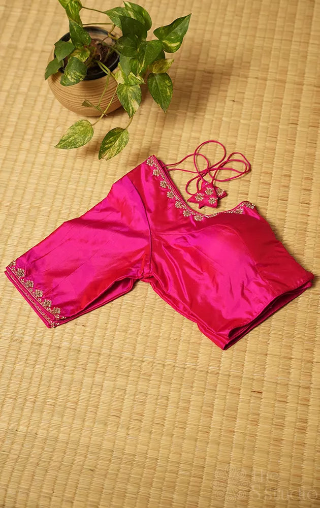 Rani pink silk readymade blouse with aari work embroidery