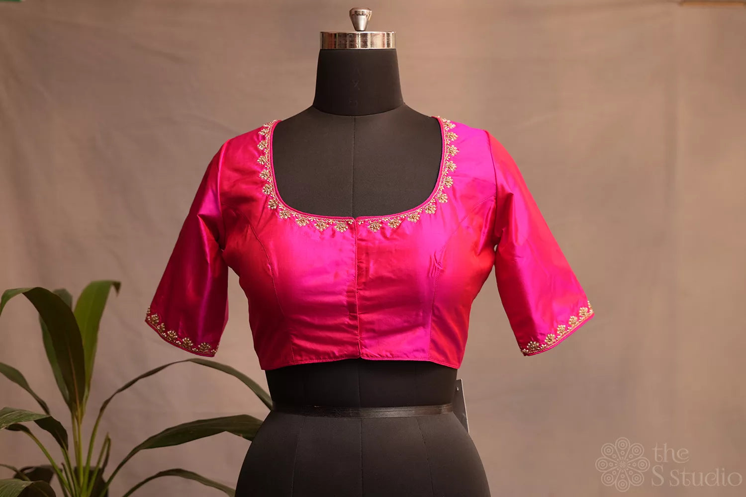 Rani pink silk readymade blouse with aari work embroidery