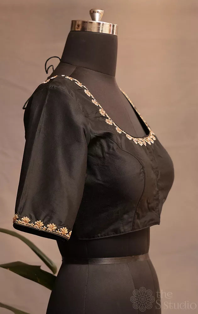 Black silk readymade blouse with embroidery