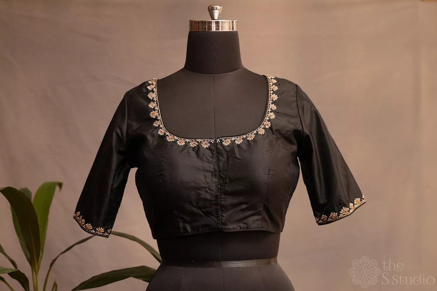 Black silk readymade blouse with embroidery