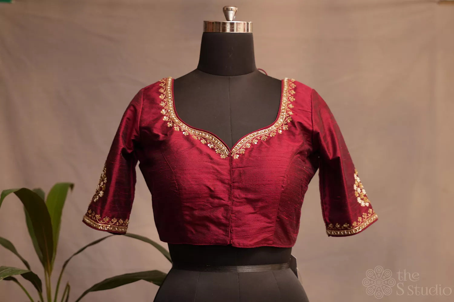 Maroon raw silk readymade blouse with aari work embroidery