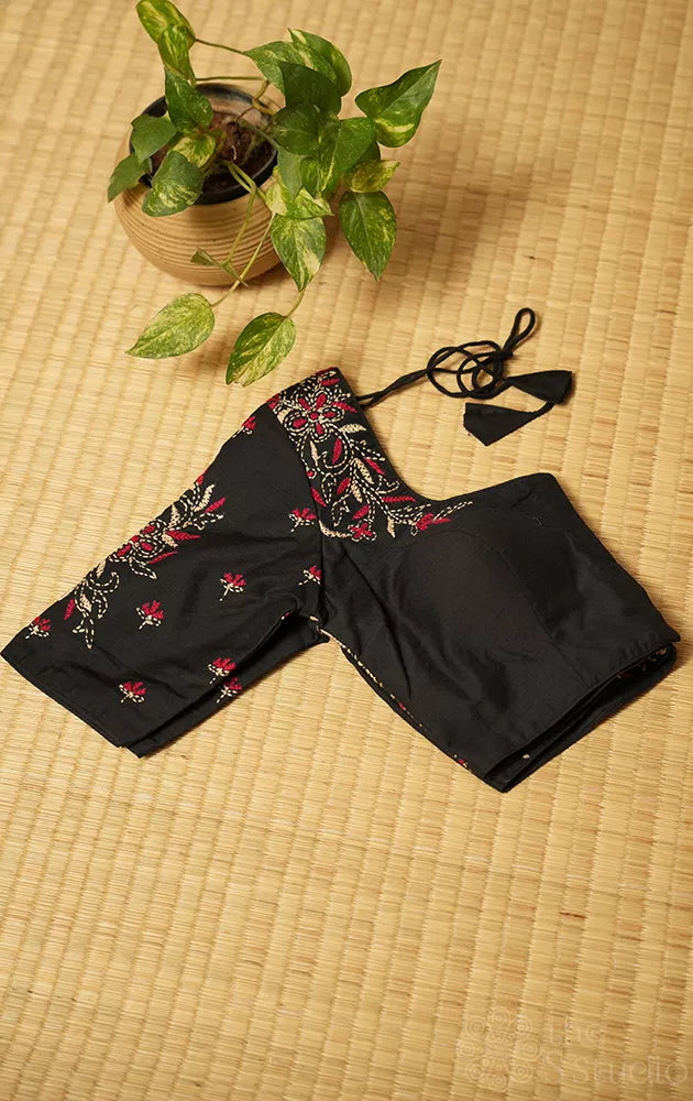 Black raw silk readymade blouse with kantha hand embroidery