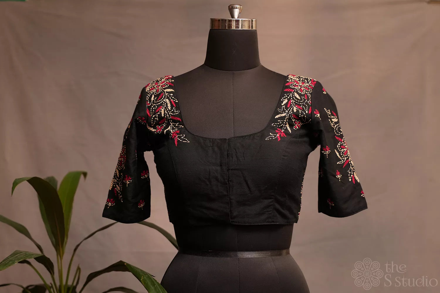 Black raw silk readymade blouse with kantha hand embroidery