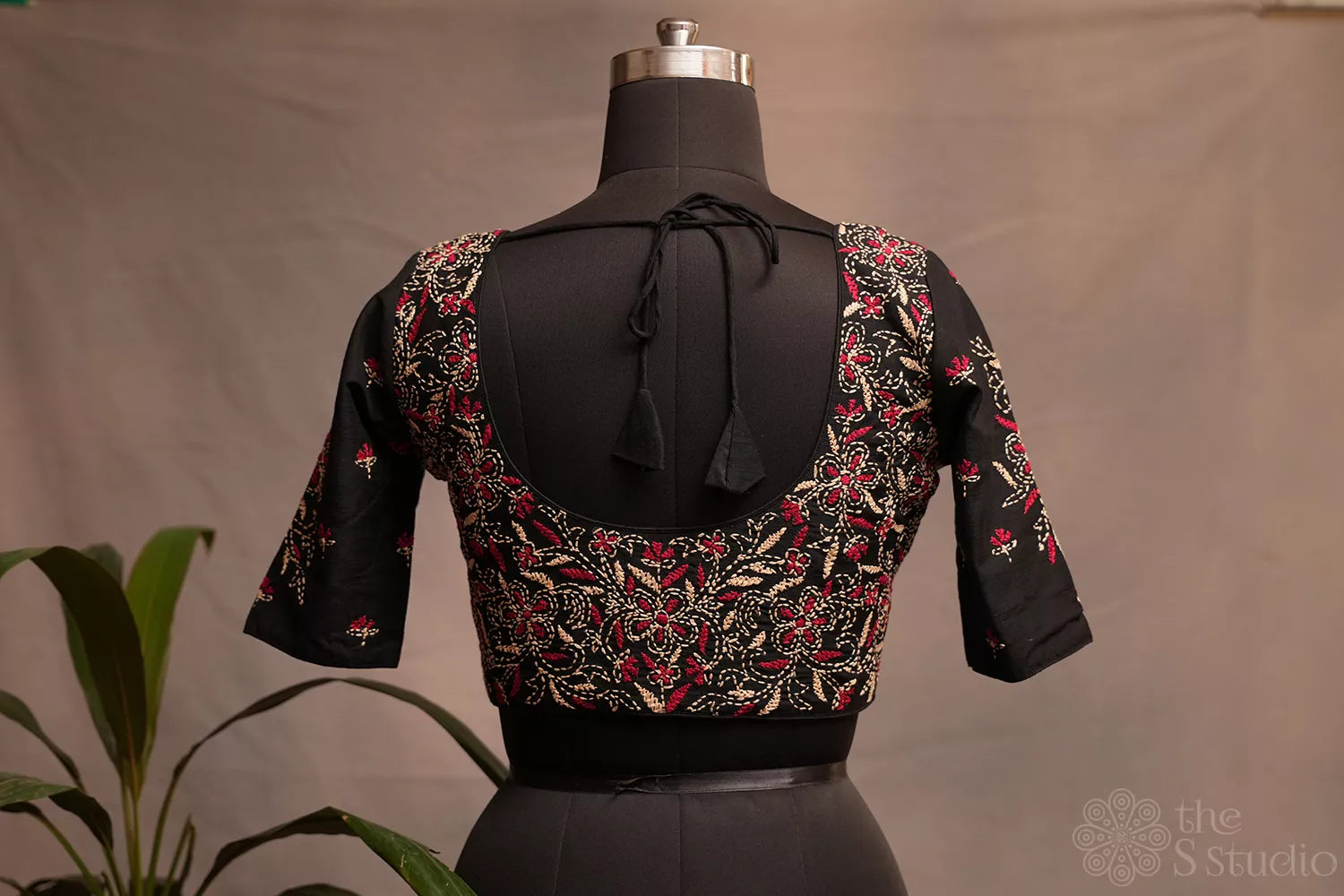 Black raw silk readymade blouse with kantha hand embroidery