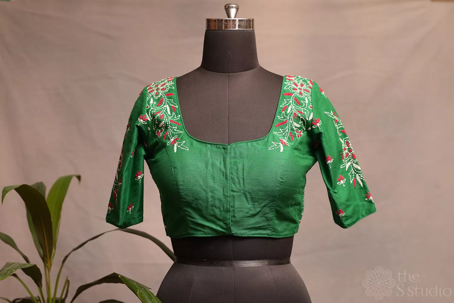 Green raw silk readymade blouse with kantha hand embroidery