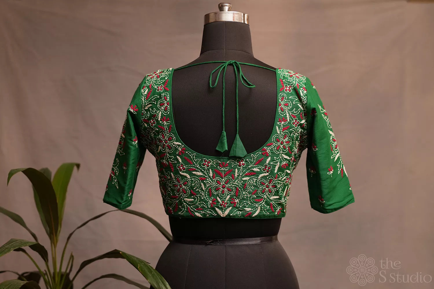 Green raw silk readymade blouse with kantha hand embroidery