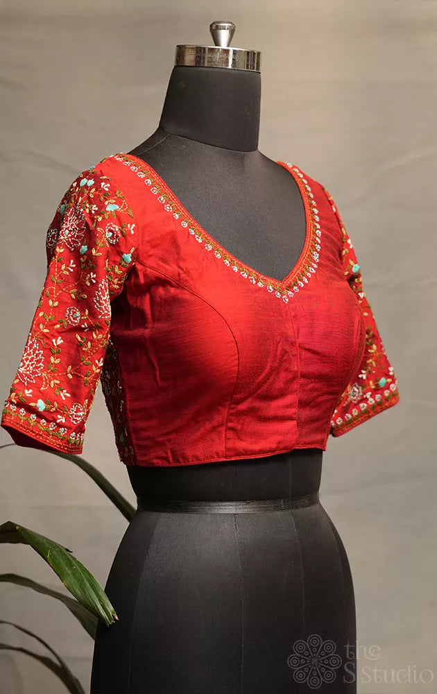Reddish maroon kantha hand embroidered raw silk readymade blouse