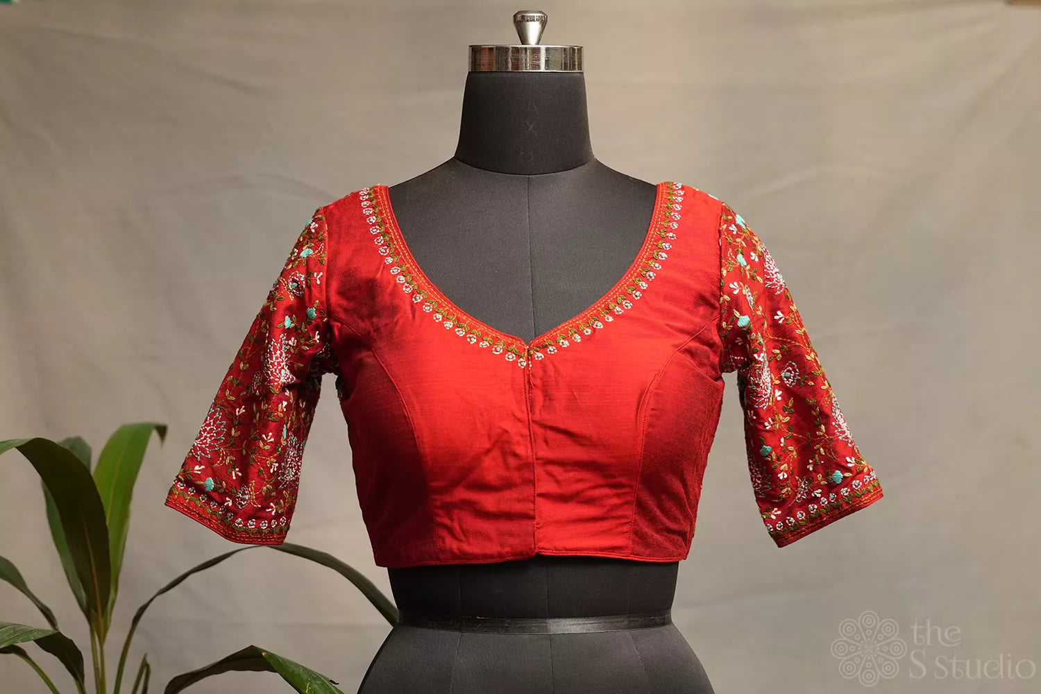 Reddish maroon kantha hand embroidered raw silk readymade blouse