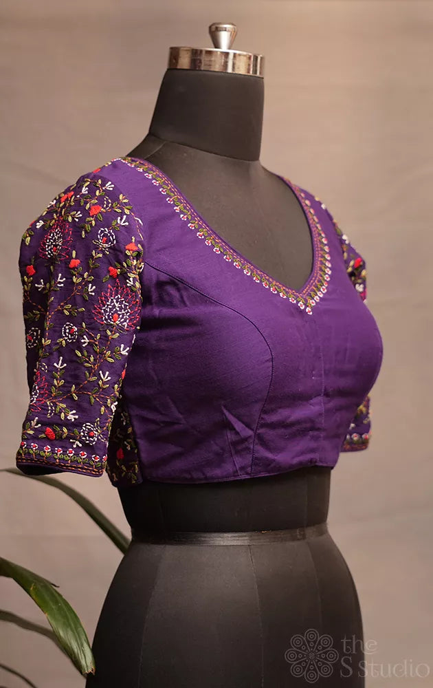 Violet raw silk readymade blouse with kantha hand embroidery