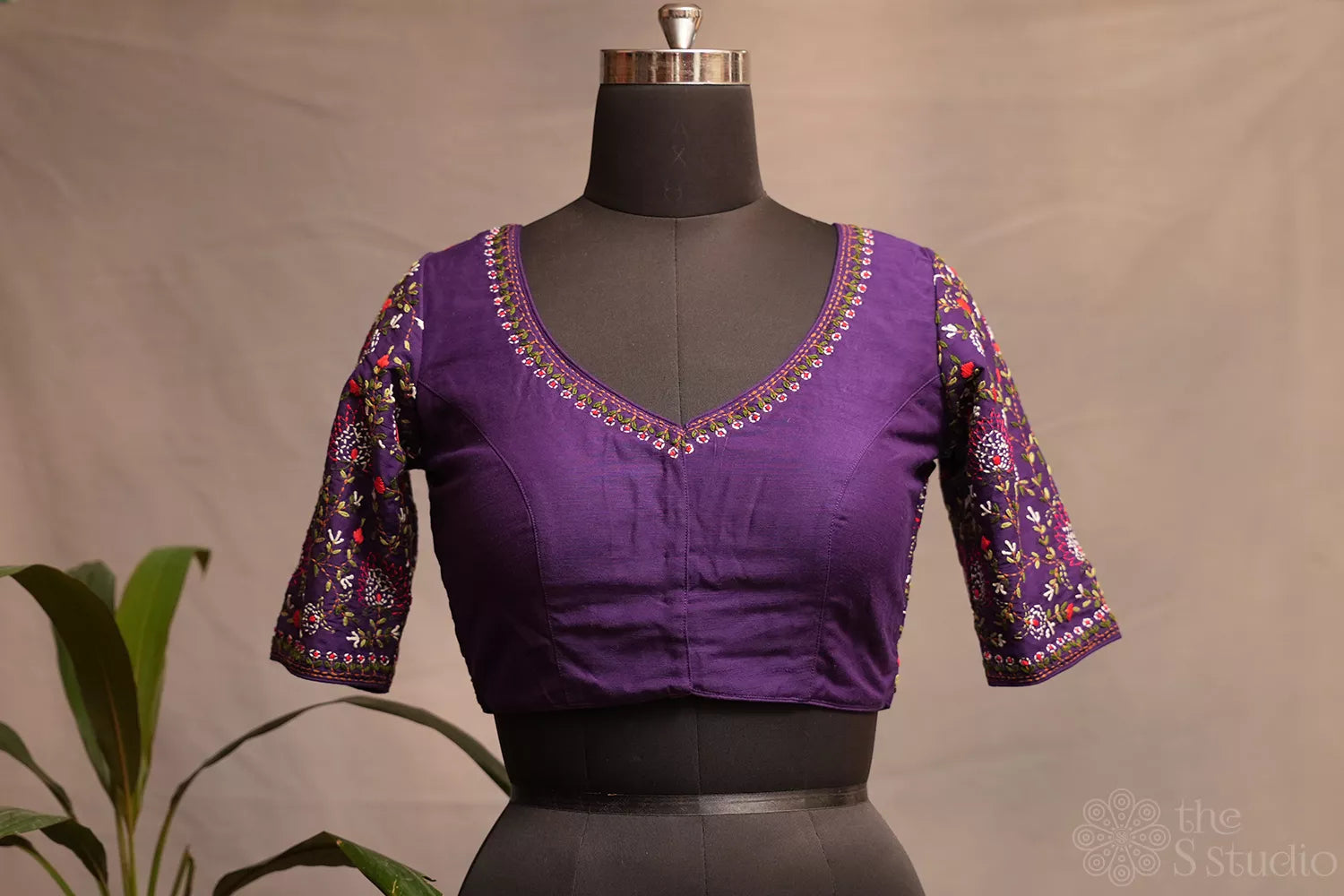 Violet raw silk readymade blouse with kantha hand embroidery