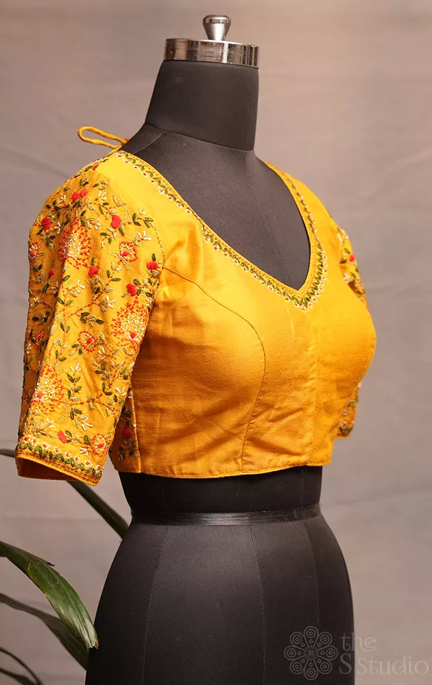 Yellow kantha hand embroidered raw silk readymade blouse