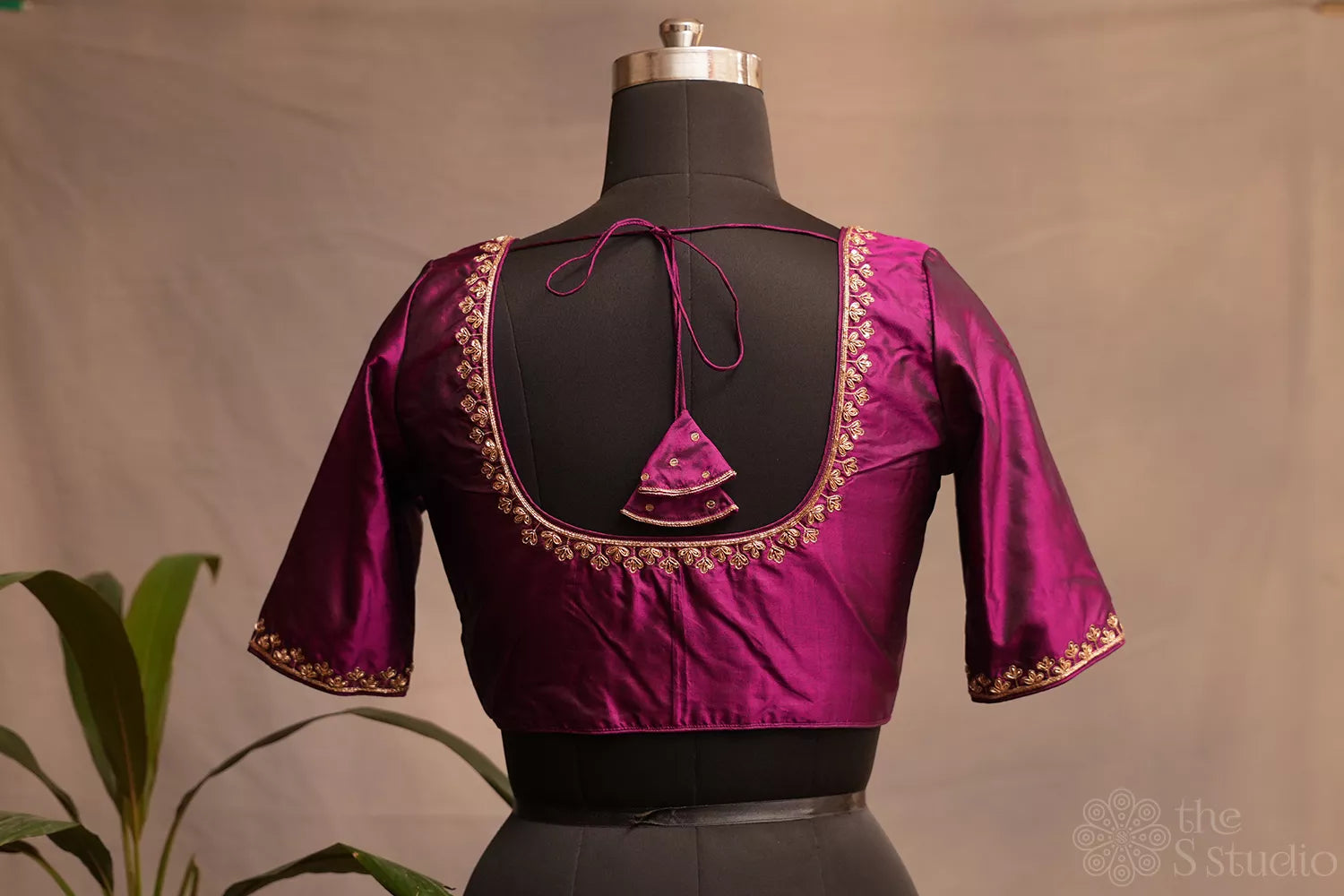 Purple silk readymade blouse with aari work embroidery