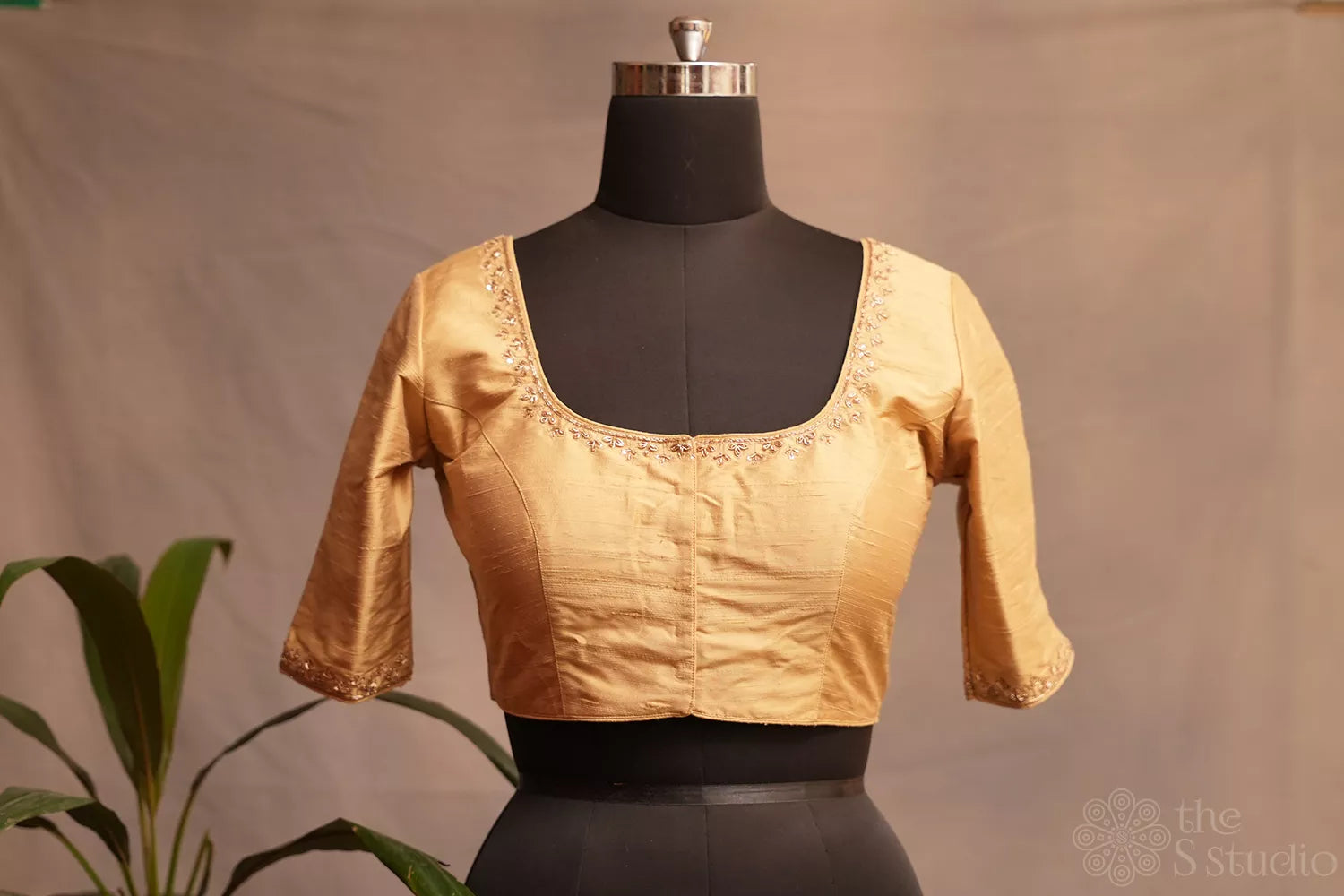 Golden silk readymade blouse with embroidery