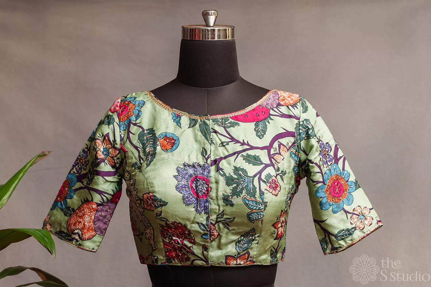 Elachi green semi silk readymade blouse with floral prints and embroidery