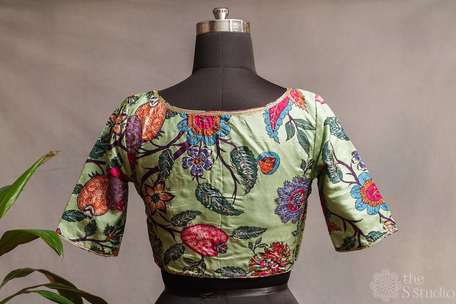 Elachi green semi silk readymade blouse with floral prints and embroidery