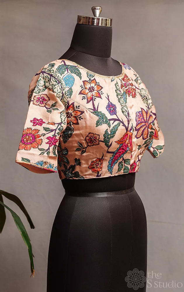 Peach semi silk readymade blouse with floral prints and embroidery