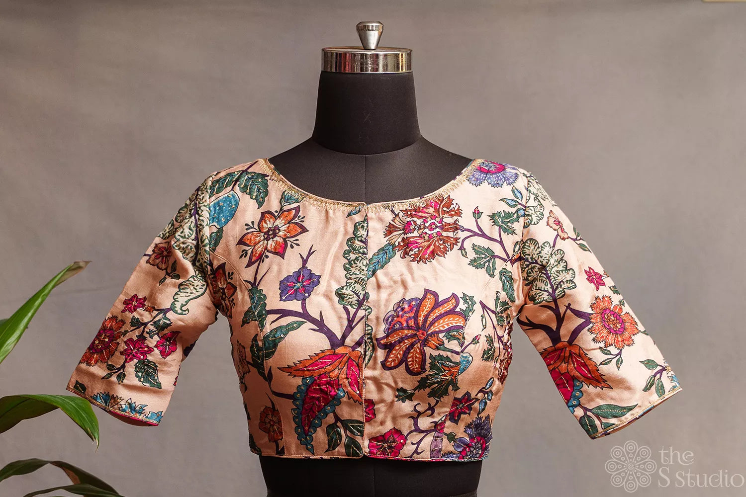 Peach semi silk readymade blouse with floral prints and embroidery