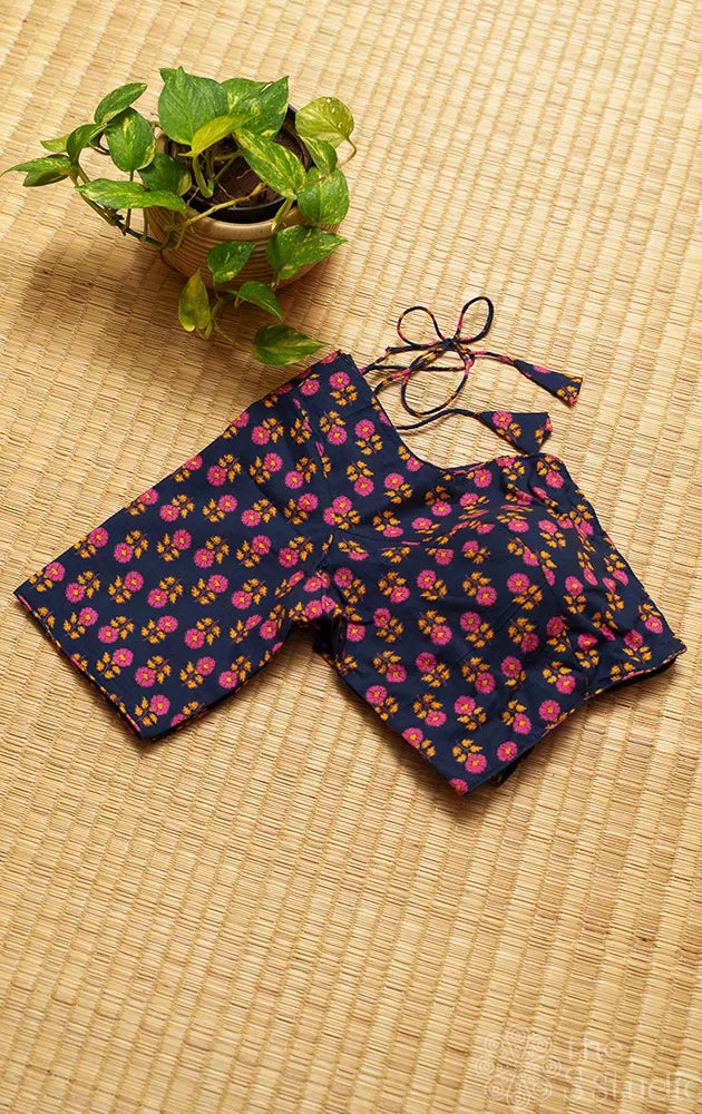 Navy blue floral printed cotton readymade blouse