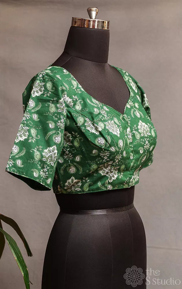 Green floral printed cotton readymade blouse