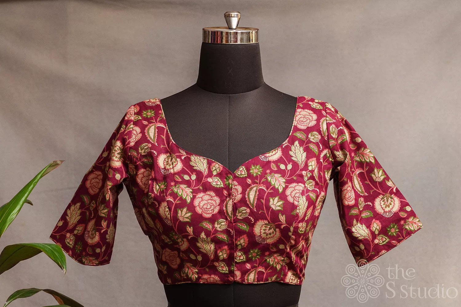 Maroon colour floral printed cotton readymade blouse