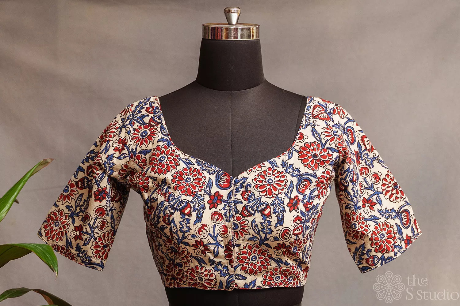 Beige floral printed cotton readymade blouse