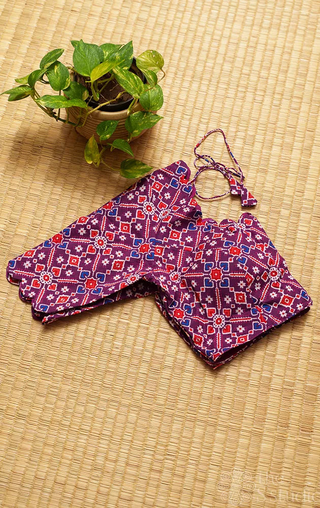 Purple printed cotton readymade blouse with scallop neck and sleeve