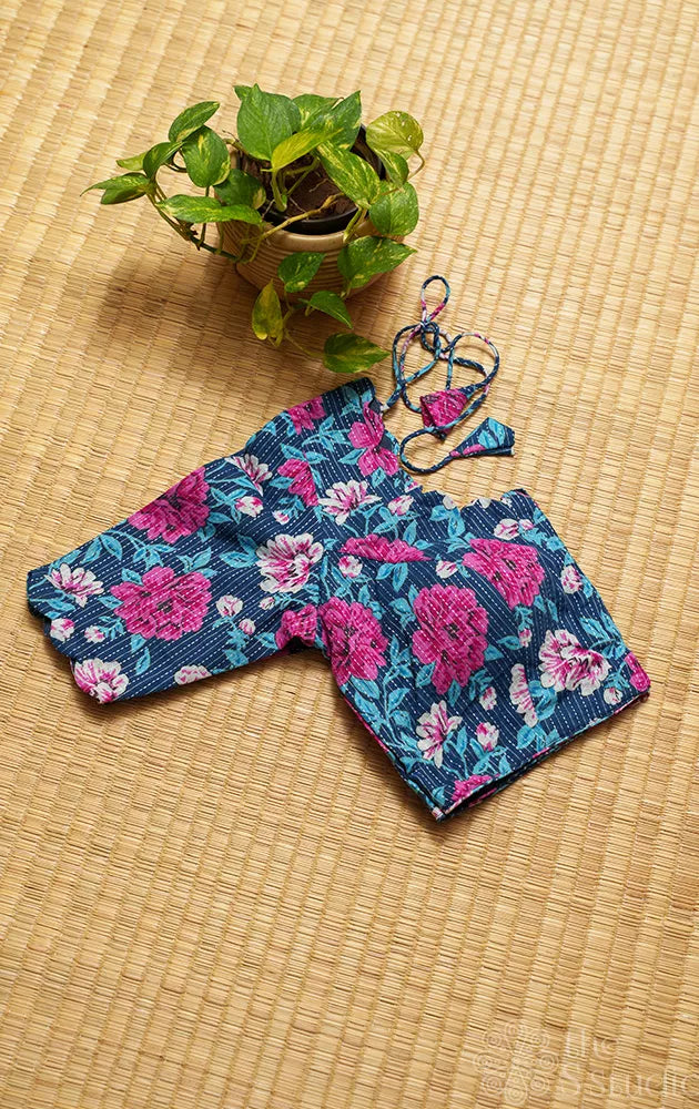 Blue and pink floral printed cotton readymade blouse with scallop neck and sleeve