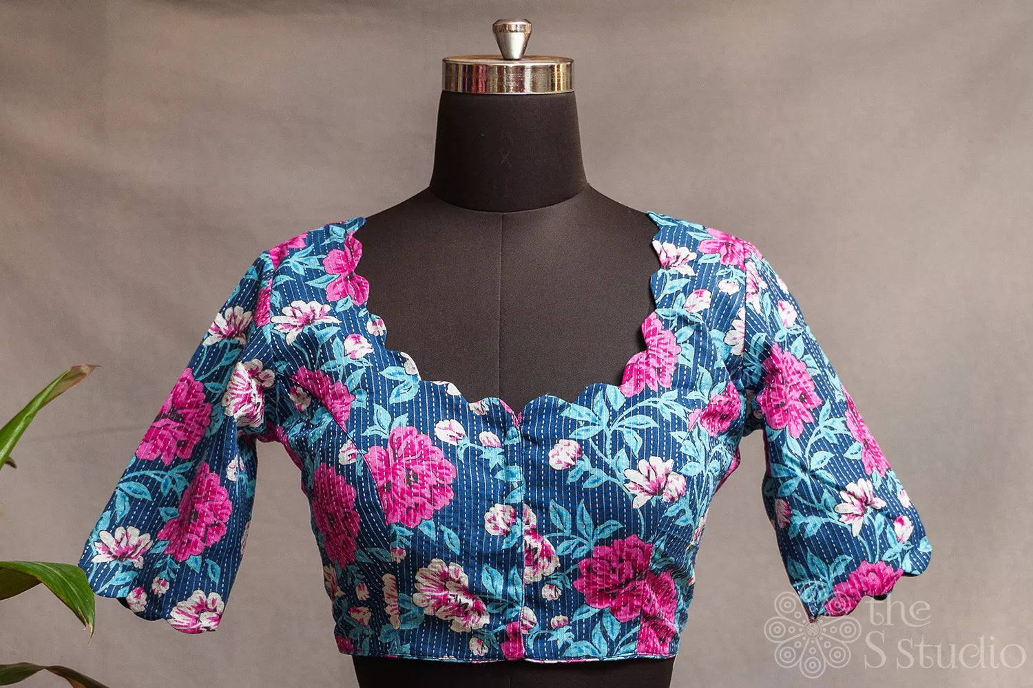 Blue and pink floral printed cotton readymade blouse with scallop neck and sleeve