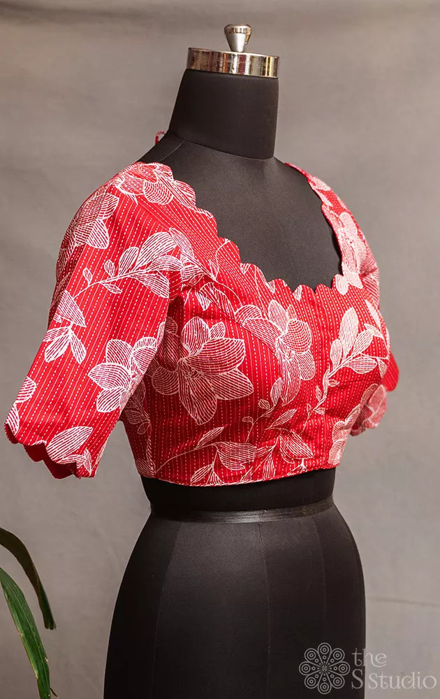 Red floral printed cotton readymade blouse