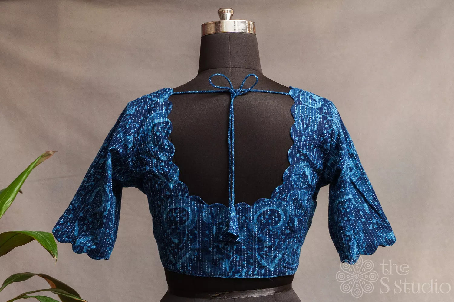 Navy blue printed cotton readymade blouse with scallop neck and sleeve