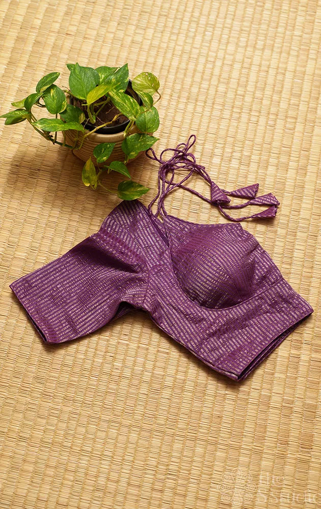 Purple semi silk readymade blouse with zari stripes